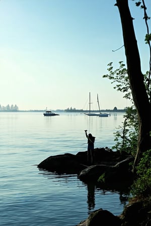 A serene Mandana Koka lake scene: A tranquil atmosphere settles over the calm waters, with a subtle mist rising from the surface. The morning sunlight casts a warm glow on the surrounding lush greenery, creating a picturesque framing. A few sailboats bob gently in the water, while a lone fisherman stands at the shore, lost in thought.