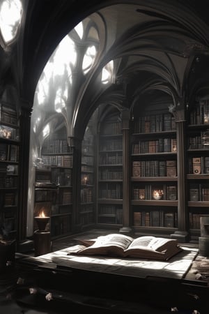 A dimly lit, ancient tome-filled chamber in a mystical traditional museum. Shelves upon shelves of worn leather-bound books and mysterious artifacts stretch towards the vaulted ceiling, illuminated only by soft candlelight casting long shadows. A wispy fog swirls around the exhibits, as if the very essence of mysticism clings to each relic.