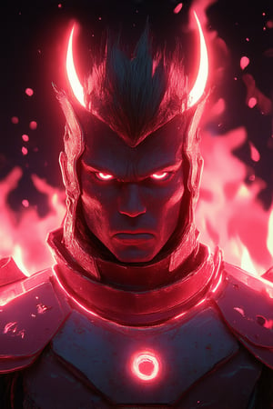 A close-up shot of a powerful warrior's face, lit by fiery sparks, with a fierce pink color scheme dominating the composition. The subject's piercing gaze and determined expression are framed by a fiery halo, as they stand defiantly amidst a backdrop of smoldering embers, their armor aglow with a warm pink hue.