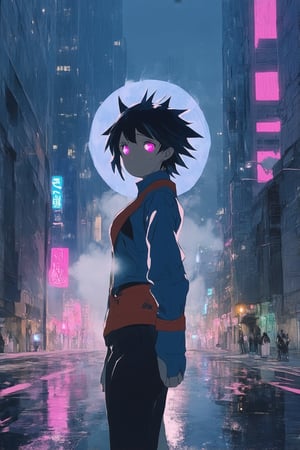 A vibrant illustration of a fantastical cityscape at dusk, with neon lights reflecting off wet asphalt roads and misty fog rolling in. A young woman with short, spiky hair and bold, colorful attire stands atop a skyscraper, her eyes glowing with an ethereal aura as she gazes out upon the metropolis. Anime-inspired characters mingle in the background, amidst stylized architecture and whimsical details.