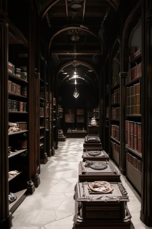 A dimly lit, ancient museum gallery showcases a collection of mystical artifacts from bygone eras. Shelves lined with dusty, leather-bound tomes and peculiar relics cast long shadows on the stone floor. A lone, ornate lantern hangs above the main exhibit, its soft glow illuminating a centuries-old, gemstone-encrusted sarcophagus at center stage.