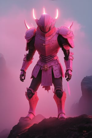 Vibrant pink hues engulf a fierce warrior's armor as they stand triumphantly on a misty mountain peak at dawn, surrounded by wispy fog and rugged rock formations. The pink tone is so bold it appears to be radiating from their very being, illuminating the misty atmosphere with an otherworldly intensity.