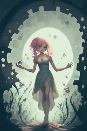 A surreal anime scene: A young woman with vibrant pink hair and intricate, swirling tattoos on her arms and legs stands amidst a dreamlike landscape of floating clockwork gears, mystical plants, and wispy clouds. She wears a flowing, iridescent dress that shimmers like the moon. The lighting is a mix of warm, golden hues and cool, ethereal blues. Her pose is statuesque, with one hand grasping a delicate, gemstone-encrusted orb, while the other reaches out to touch the gears whirring around her.