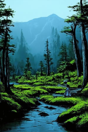 A serene Mandana Koka landscape: Softly lit misty mountains rise in the background, with a gentle stream meandering through the foreground. A lone figure, dressed in traditional attire, stands at the water's edge, gazing out at the tranquil scene. The camera captures a medium shot, framed by lush greenery and weathered tree trunks.