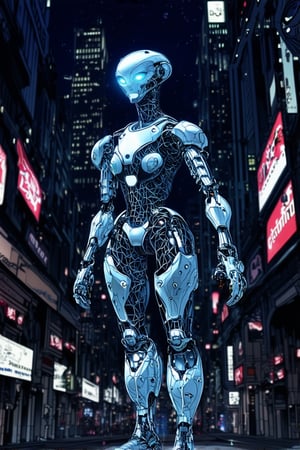 In a dimly lit, neon-drenched alleyway, a humanoid robot with glowing blue eyes and metallic limbs stands poised, its body a mesh of circuitry and wires. The cityscape behind it is a jumble of holographic advertisements and towering skyscrapers. Flickering LED lights dance across the robot's synthetic skin, casting an otherworldly glow.