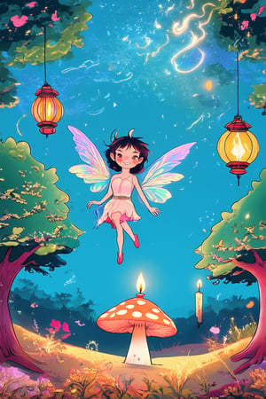 A whimsical illustration depicts a mystical realm within a flat art style. Softly glowing candles and lanterns illuminate a vibrant blue-green landscape, where wispy trees and fantastical creatures dance in mid-air. In the foreground, a curious fairy with iridescent wings and a mischievous grin perches on a toadstool, surrounded by swirling mist and glittering sparks.