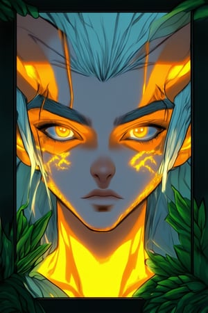 A close-up shot of a Solak's face, with vibrant yellow hues illuminating their bright orange skin tone. The warm lighting accentuates the delicate features and intricate patterns on their cheeks. Framed by lush green foliage, Solak's expression is one of quiet contemplation, their eyes gazing softly into the distance.