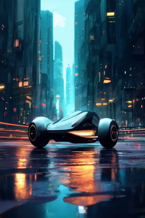 A futuristic cityscape at dusk, with neon lights reflecting off wet pavement. A sleek, silver hoverbike zooms down a deserted street, its design resembling a fusion of organic and metallic curves. The bike's LED headlights cast an eerie glow on the surrounding skyscrapers.