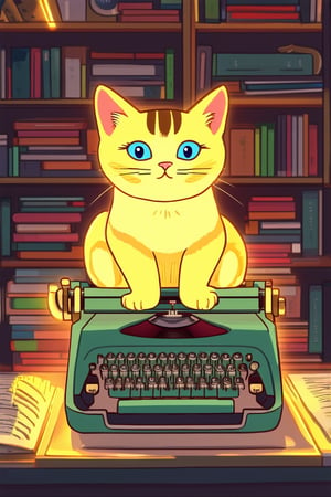 A vibrant flat 2D illustration of a whimsical cat sitting on a vintage typewriter in a cozy, dimly lit study. The cat's bright blue eyes shine with curiosity as it paws at the typewriter keys, surrounded by stacks of old books and papers. Soft, warm lighting casts a golden glow on the scene.