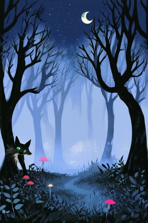 Whimsical ink illustration of a mystical forest at dusk: towering trees with gnarled branches stretch towards a deep indigo sky, where crescent moons and stars twinkle like diamonds. In the foreground, a curious fox with wispy fur and piercing green eyes paws at a glowing mushroom, surrounded by lush foliage and misty fog.