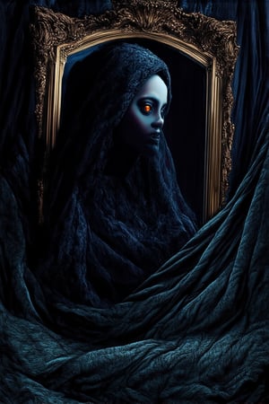 A mysterious figure stands before a dimly lit, ornate mirror, their face partially obscured by shadows. The subject's eyes seem to hold a thousand secrets, as they gaze into the glass with an air of contemplation. Framed by a lavish, velvet-draped backdrop, the portrait exudes an aura of intrigue and mystery.