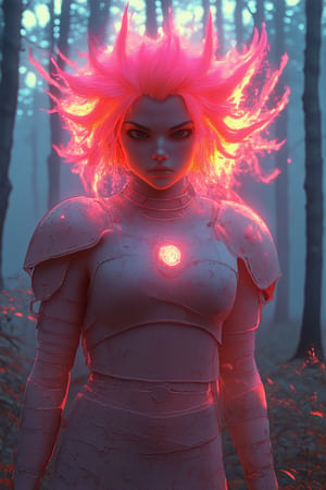 A close-up shot of a fierce pink-haired warrior standing in a misty forest, her bright locks ablaze with an otherworldly intensity. The camera captures the fiery hue as it frames her determined expression, a mix of courage and ferocity. Soft morning light casts a warm glow on her face, while the surrounding foliage remains shrouded in mystery.