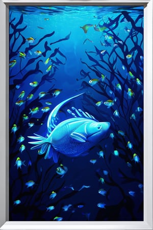 A serene underwater scene: A majestic deep-sea creature, glowing with an ethereal blue luminescence, swims tranquilly through a school of iridescent fish, amidst a kaleidoscope of oceanic colors and wispy seaweed. Framed by a subtle gradient of blues, the shot captures the mystique of the unknown depths.