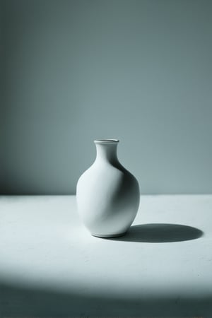 A minimalist still life setup: A single white vase sits on a flat, pure white background, completely devoid of any textures or patterns. The vase's simplicity is echoed by the stark emptiness of the surrounding space, creating a sense of calmness and serenity.