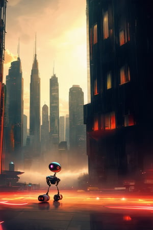 A futuristic cityscape at sunset, with sleek skyscrapers and neon-lit streets. In the foreground, a random assortment of gadgets and gizmos litter the ground, surrounded by a haze of fog. A lone robot stands tall, its metallic body reflected in the windows of a nearby building.