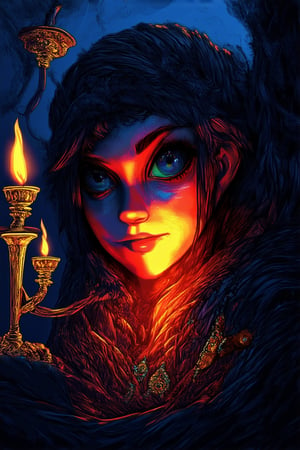 A mysterious woman shrouded in darkness, her enigmatic smile illuminated by a faint, golden glow emanating from a nearby candelabra. Framed within a ornate, gilded frame, the subject's eyes seem to hold secrets as she gazes directly into the lens. The background is a soft, gradient blue, subtly conveying an air of intrigue.