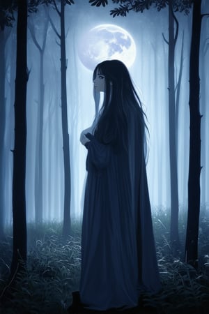 In a misty, moonlit forest clearing, a woman stands serenely, her ethereal form shrouded in an otherworldly aura. Her flowing hair and delicate features glow with a soft, luminescent light, as if the very essence of the night sky has taken human form.