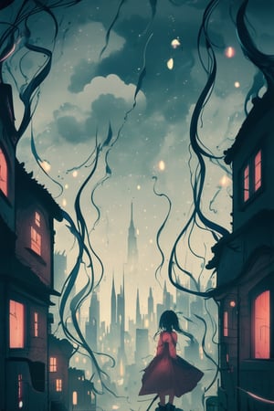 A dreamlike anime scene: a whimsical cityscape at dusk, with buildings twisting like vines and lights dancing in swirling patterns. In the foreground, a figure with intricate, glowing tattoos poses dramatically against a backdrop of swirling clouds, their long hair flowing like tendrils of smoke. Soft, ethereal lighting casts an otherworldly glow.