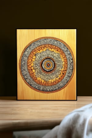 Mandana Koka: A serene still life depiction of a traditional Indian mandala, intricately painted on a wooden board. Framed against a soft, golden-lit background, the mandala's vibrant colors and delicate patterns appear to dance in harmony. The camera's gaze is focused on the central axis, emphasizing the intricate details and symmetrical design.