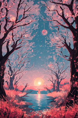 A whimsical illustration of a fantastical world within a flat art style. A mystical forest unfolds before us, with towering trees adorned with glowing orbs and wispy vines. In the distance, a sparkling lake reflects the vibrant hues of sunset. A young wizard, surrounded by swirling mist, gestures dramatically towards a glowing portal. Softly lit by an ethereal glow, the entire scene is bathed in a sense of wonder and enchantment.