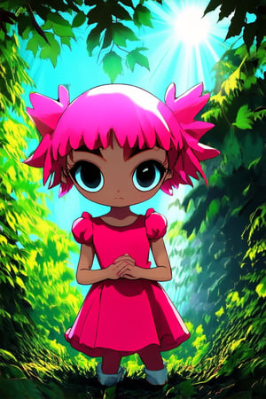 A chibi character: A whimsical illustration of a small-sized, big-eyed protagonist, standing in front of a vibrant greenery background with sunbeams peeking through the leaves. The character's bright pink dress is fluttered by a gentle breeze, and their hands are clasped together in excitement.