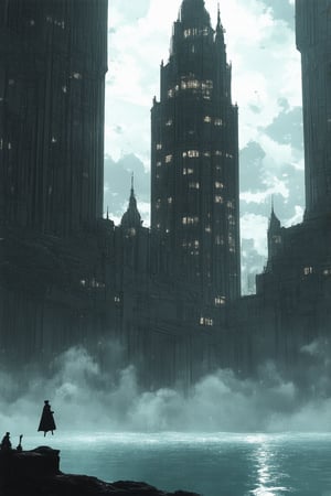 A dreamlike landscape unfolds: a sprawling cityscape dissolves into wispy tendrils of fog, as if reality itself was being pulled apart. Towering skyscrapers twist and curve like melting wax, their reflections rippling on the surface of a misty lake. In the distance, a lone figure in a top hat and coat floats effortlessly above the chaos, arms outstretched like a conductor leading an orchestra of clouds.