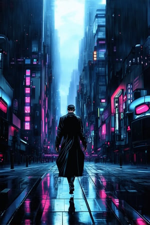 A futuristic cityscape at dusk, neon lights reflecting off wet pavement. A lone figure in a black leather trenchcoat and shades walks away from the camera, backlit by the vibrant hues of a cyberpunk metropolis. Rain-soaked streets and towering skyscrapers create a moody atmosphere, while the subject's enigmatic expression hints at a mysterious agenda.