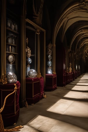 A dimly lit museum hallway, adorned with intricate ancient carvings, leads to a mystical exhibit. Shelves lined with dusty artifacts and mysterious relics cast long shadows on the stone floor. A velvet rope separates visitors from the main attraction: an ornate, gilded display case holding a glowing crystal sphere. Soft, golden lighting highlights the relic's ethereal glow.