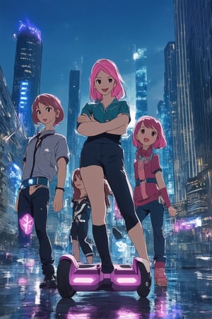 A futuristic cityscape at dusk, with neon lights reflecting off the wet pavement. A group of friends, dressed in trendy anime-inspired outfits, gather around a sleek hoverboard. The protagonist, a young woman with vibrant pink hair and a confident smile, poses on one leg, her arms crossed over her chest. In the background, towering skyscrapers and flying cars zip by, as if frozen in time.