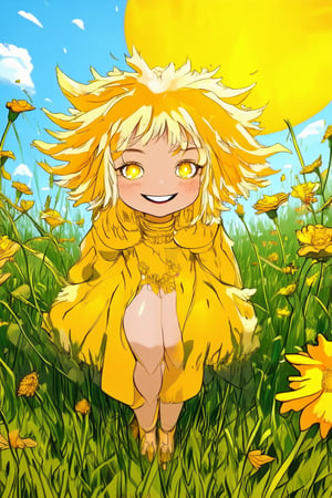 Vibrant yellow sunlight illuminates Solak's bright smile as she stands in a lush meadow, surrounded by blooming flowers. Her eyes sparkle with joy, framed by sun-kissed highlights and soft, fluffy hair. A warm glow radiates from her skin, complementing the rich yellow hue of the grass beneath her feet.