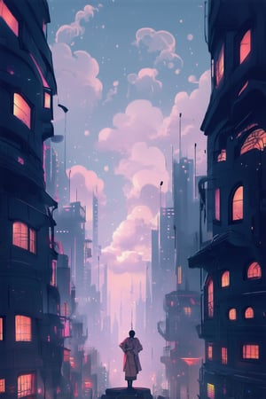 A dreamlike cityscape at dusk, with glowing neon hues casting an ethereal glow on intricate anime-style buildings and streets, where mythical creatures roam free. A surreal fusion of fantasy and reality, as a lone figure in a futuristic kimono stands atop a skyscraper, arms outstretched, surrounded by swirling clouds of purple and pink.