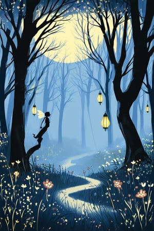 Whimsical ink illustration of a mystical forest: trees with wispy branches and swirling vines, illuminated by soft, golden moonlight. A lone, elegant fairy perches on a gnarled root, surrounded by fluttering lanterns and delicate wildflowers, her delicate features aglow with an otherworldly glow.