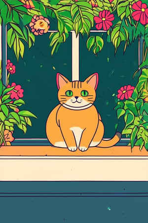 A vibrant, flat 2D illustration depicts a whimsical scene: a curious cat sitting on a windowsill, surrounded by lush greenery and bright flowers. The cat's ears perk up towards the viewer, as if listening to secrets. Soft sunlight casts a warm glow through the windowpane, illuminating the colorful blooms and delicate leaves.