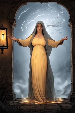 Mysterious maternal figure stands amidst swirling misty fog, surrounded by ancient mystical symbols etched into weathered stone walls. Soft golden light emanates from a lantern held in her outstretched hand, casting an ethereal glow on the eerie atmosphere. Her piercing gaze seems to hold secrets of the universe as she whispers ancient incantations to the wind.