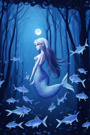 A serene underwater scene: A delicate mermaid with ethereal features floats effortlessly amidst a school of glowing fish, her long hair flowing like seaweed in the gentle current. The deep blue ocean surrounds her, lit by an eerie blue glow emanating from bioluminescent creatures. Her pale skin shimmers like moonlight, as she gazes up at the darkness above, her eyes sparkling with an otherworldly light.