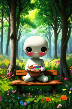 A chibi character sits on a wooden bench in a whimsical forest clearing, surrounded by towering trees and vibrant wildflowers. The small, rounded figure with big eyes and rosy cheeks holds a tiny basket filled with colorful stones, its hands gently clasped together as if meditating. The soft sunlight casts warm shadows on the characters' face, highlighting the delicate features.