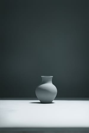 A minimalist still life setup on a plain white surface, with a flat, even background devoid of any distracting textures or patterns. A single object, perhaps a vase or sculpture, sits centered in the frame, lit by soft, diffused natural light. The overall mood is calm and serene.