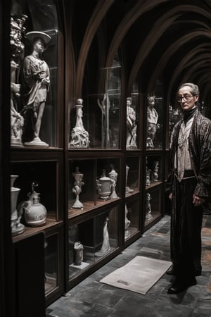 A dimly lit museum chamber filled with ancient artifacts and mysterious relics. Shelves upon shelves of dusty vases, ornate figurines, and mystical scrolls stretch towards the vaulted ceiling, where a faint glow emanates from flickering candelabras. A bespectacled curator, dressed in traditional attire, stands at attention beside a glass case containing an otherworldly relic, their eyes gleaming with an air of reverence.