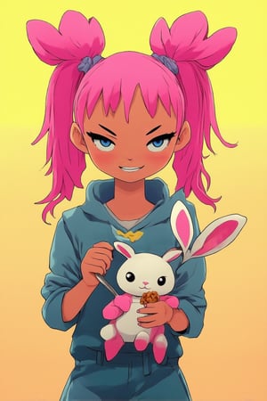 A chibi character: A small, adorable anime-style illustration of a young girl with bright pink hair tied in pigtails and a mischievous grin. She's posed in a playful stance, one hand holding a stuffed rabbit, while the other hand holds a spoon, as if she's just finished eating a snack. The background is a warm, pastel yellow, with subtle texture to resemble paper. Soft focus and gentle lighting create a dreamy atmosphere.