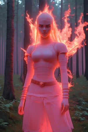 Vibrant pink hue dominates the frame as a fierce warrior woman stands proudly in a misty forest clearing, her fiery locks ablaze with an inner strength that radiates through the entire composition. Soft morning light casts a warm glow on her determined expression and toned physique, emphasizing the ferocity of her gaze.