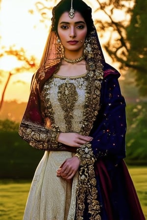 A serene depiction of Mandana Koka, a 17th-century Persian queen and military leader, set against a warm, golden sunset. Soft focus captures her regal presence as she stands with crossed arms, wearing an intricately designed outfit, amidst a lush greenery backdrop. The gentle light accentuates the delicate folds of her fabric and the determined look in her eyes.