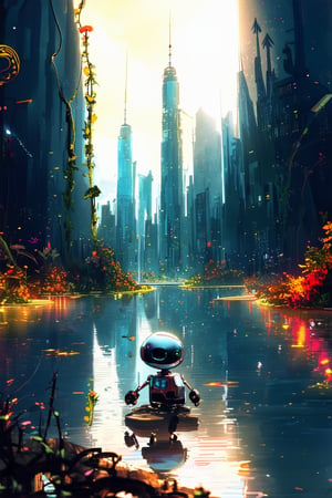 A futuristic cityscape at dusk, with sleek skyscrapers and neon lights reflected in a calm lake. A whimsical robot stands on the shore, its shiny metal body adorned with colorful flowers and vines, as if nature has reclaimed this urban oasis.