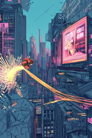 A whimsical illustration of a futuristic cityscape unfolds in a flat, 2D composition. Sleek skyscrapers and neon-lit billboards dominate the background, while a lone hoverboarder soars through the air, leaving a trail of sparks behind. Soft, pastel hues evoke a sense of wonder and discovery.