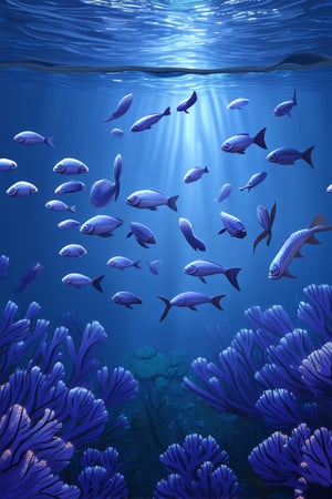 A serene underwater scene: a gentle, shimmering light filters down from above, casting an ethereal glow on the dark blue waters. A school of iridescent fish swim in harmony, their scales reflecting shades of indigo and lavender. In the distance, a majestic coral reef rises, its delicate tendrils swaying softly in the current.