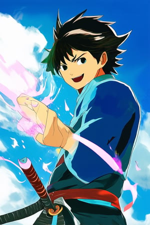 A vibrant anime-inspired illustration of a youthful protagonist, set against a gradient blue sky with fluffy white clouds, rendered in bold lines and bright colors. The subject stands confidently, one hand resting on the hilt of a gleaming sword, as they gaze out at the viewer with an energetic grin, surrounded by swirling misty effects and stylized sparks.