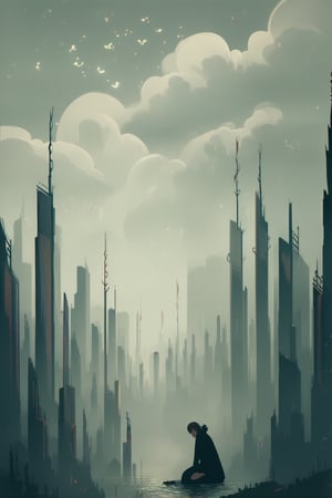 A whimsical anime-inspired scene depicts a delicate, intricately detailed cityscape with towering spires and misty skyscrapers. Soft, ethereal light casts long shadows, as a lone figure in the foreground kneels amidst a sea of swirling, dreamlike clouds. The air is thick with wispy tendrils of fog, shrouding the landscape in an otherworldly veil.