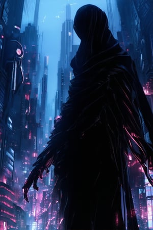 In a neon-drenched metropolis, a mysterious figure cloaked in shadows stands at the edge of a holographic cityscape. Edgy futuristic architecture and twisted cybernetic limbs blur together as the protagonist's gaze pierces through the smog-filled air. The dark tones of the city are illuminated only by the faint glow of circuitry and the pulsing rhythm of virtual reality.