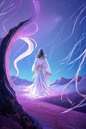 A whimsical illustration of a mystical realm, featuring a fantastical landscape with rolling hills of shimmering silver and misty mountains in the distance. A lone figure, adorned in flowing robes of iridescent silk, stands at the edge of a glowing portal, surrounded by wispy tendrils of magical energy. Soft, dreamy lighting casts an ethereal glow on the scene.