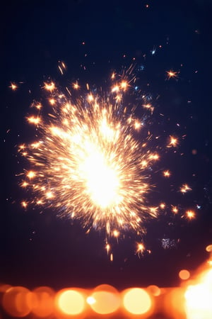 A stunning image of a radiant burst of colorful sparks erupting in mid-air against a dark blue background, with a subtle gradient of warm hues to amplify the vibrant effect. The sparks' trajectory is framed by a shallow depth of field, drawing attention to their mesmerizing dance.