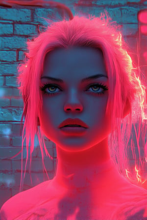 A close-up shot of a fiery pink-haired woman's determined face, her eyes blazing with a fierce intensity as she stands in front of a graffiti-covered brick wall, the vibrant hue of her hair contrasting sharply against the urban backdrop, bold brushstrokes and bright lighting accentuating her unyielding gaze.